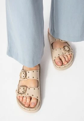 Damskie klapki ze skóry z metalowymi detalami beżowo - złote Wittchen