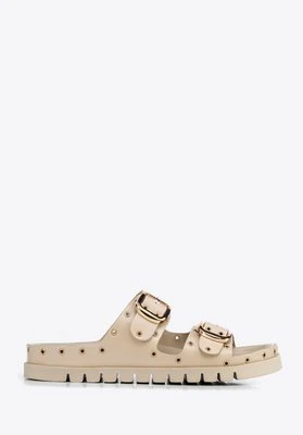 Damskie klapki ze skóry z metalowymi detalami beżowo - złote Wittchen