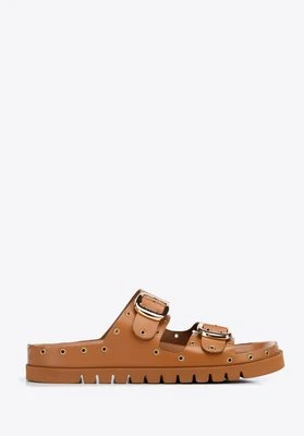 Damskie klapki ze skóry z metalowymi detalami brązowe Wittchen