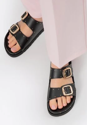 Damskie klapki ze skóry z nitami czarne Wittchen