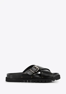 Damskie klapki ze skóry z paskami na krzyż czarne Wittchen