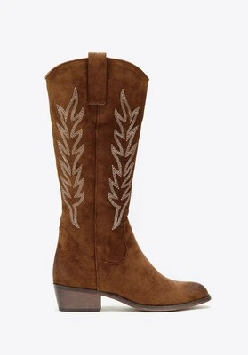Damskie kowbojki z kontrastowym haftem wysokie brązowe Wittchen