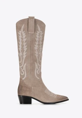 Damskie kowbojki zamszowe z haftem wysokie beżowe Wittchen