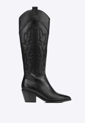 Damskie kowbojki ze skóry naturalnej z dekoracyjnym haftem czarne Wittchen