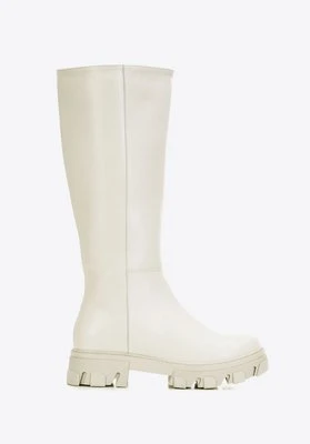 Damskie kozaki skórzane na grubej podeszwie z suwakiem szarobeżowe Wittchen