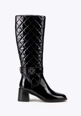 Damskie kozaki ze skóry na słupku pikowane czarne Wittchen