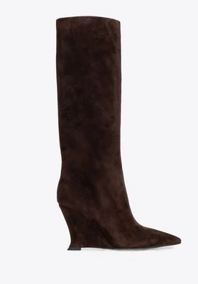 Damskie kozaki ze skóry naturalnej zamszowej na koturnie brązowe Wittchen