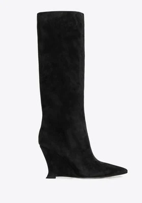 Damskie kozaki ze skóry naturalnej zamszowej na koturnie czarne Wittchen