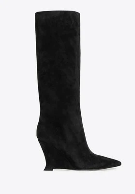 Damskie kozaki ze skóry naturalnej zamszowej na koturnie czarne Wittchen