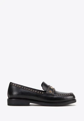 Damskie loafersy skórzane z ozdobnymi nitami czarne Wittchen