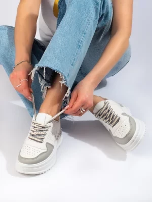 Damskie obuwie sportowe sneakersy na wysokiej platformie biało-szare Shelvt