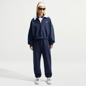 Damskie oversizowe spodnie z wysokim stanem i ściągaczami Nike Studio Fleece Medium Weight - Niebieski