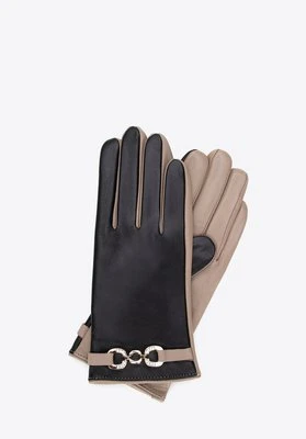 Damskie rękawiczki ocieplane z dekoracyjnym paskiem czarno - beżowe Wittchen