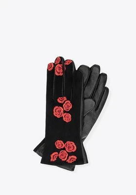 Damskie rękawiczki ocieplane z haftowanymi kwiatami czarno - czerwone Wittchen