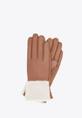 Damskie rękawiczki ocieplane z ozdobnym mankietem brązowo - kremowe Wittchen