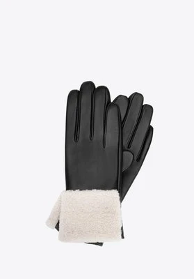 Damskie rękawiczki ocieplane z ozdobnym mankietem czarno - kremowe Wittchen