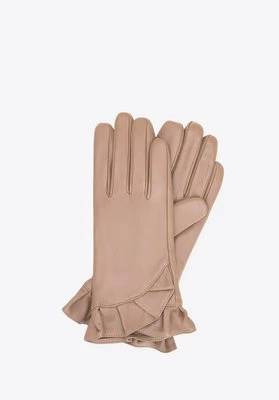 Damskie rękawiczki skórzane z dekoracyjną falbaną beżowe Wittchen