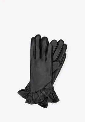 Damskie rękawiczki skórzane z dekoracyjną falbaną czarne Wittchen