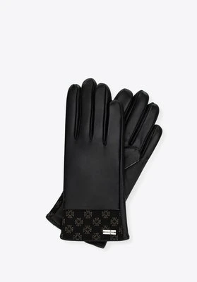 Damskie rękawiczki skórzane z monogramem na brzegu czarne Wittchen