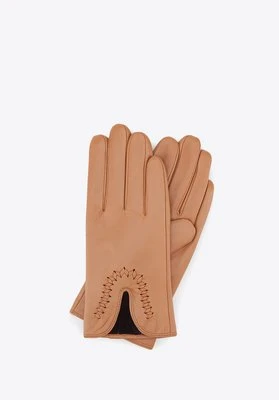Damskie rękawiczki skórzane z wcięciem camelowe Wittchen