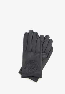 Damskie rękawiczki skórzane z wytłoczoną różą granatowe Wittchen