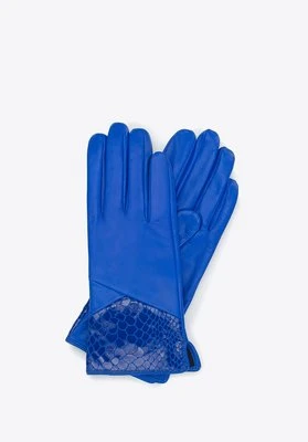 Damskie rękawiczki skórzane ze wstawką o fakturze egzotycznej skóry niebieskie Wittchen