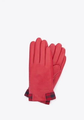 Damskie rękawiczki skórzane ze wstawkami w kratę czerwono-granatowe Wittchen