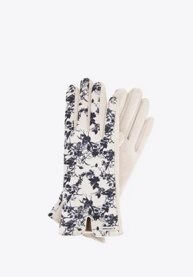 Damskie rękawiczki w kwiatowy wzór kremowo - czarne Wittchen