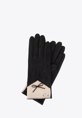 Damskie rękawiczki z kokardą czarno - beżowe Wittchen