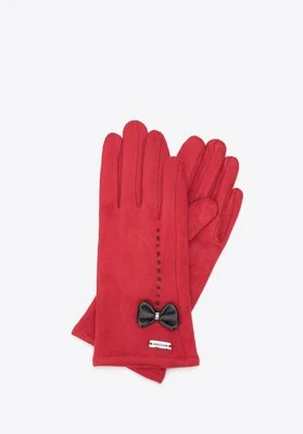 Damskie rękawiczki z ozdobnym obszyciem i kokardą czerwone Wittchen