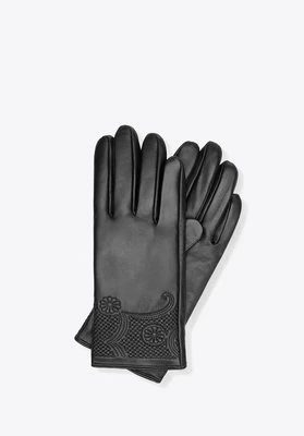 Damskie rękawiczki ze skóry naturalnej z kwiatowym wzorem czarne Wittchen