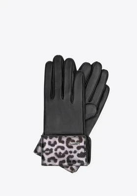 Damskie rękawiczki ze skóry naturalnej z panterką czarne Wittchen
