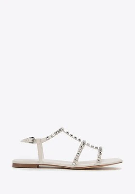 Damskie sandały skórzane z kryształkami kremowe Wittchen