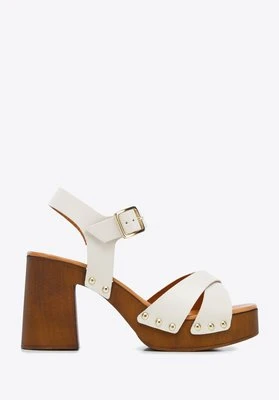 Damskie sandały skórzane z paskami na krzyż kremowe Wittchen