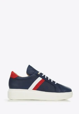Damskie sneakersy skórzane z falbanką granatowe Wittchen