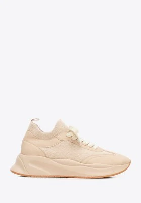 Damskie sneakersy z ekoskóry i sztucznego futerka beżowe Wittchen
