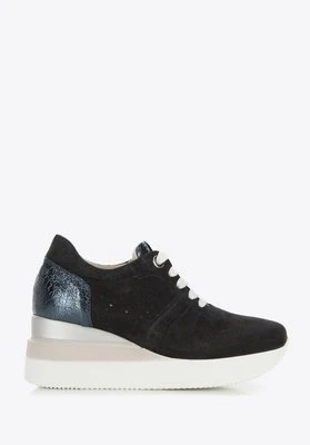 Damskie sneakersy zamszowe na koturnie w pasy ciemny granat Wittchen
