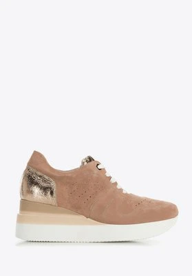 Damskie sneakersy zamszowe na koturnie w pasy zgaszony róż Wittchen