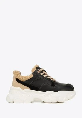Damskie sneakersy ze sztucznym futrem czarno-beżowe Wittchen