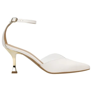 Białe szpilki z przezroczysta wstawka i efektownym złotym obcasem 35169-59 Wojas