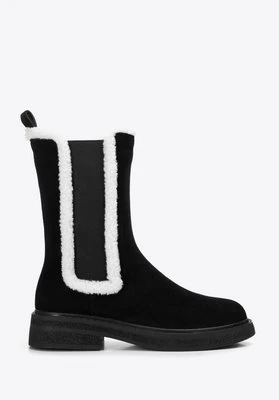 Damskie sztyblety zamszowe ze sztucznym kożuszkiem czarne Wittchen