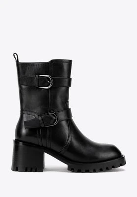 Damskie sztyblety ze skóry z klamrami czarne Wittchen