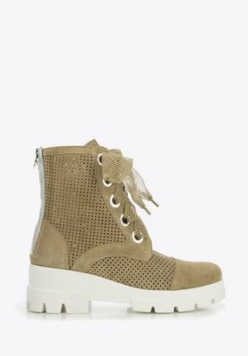 Damskie trapery z ażurowego zamszu zielone Wittchen