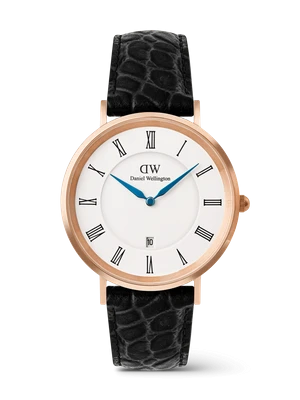 Daniel Wellington DW Watch Classic Roman Numerals Date Black Croc Belly Rose Gold