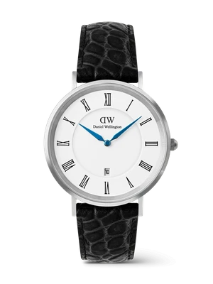 Daniel Wellington DW Watch Classic Roman Numerals Date Black Croc Belly Silver