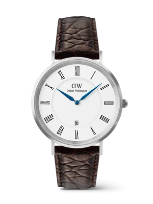 Daniel Wellington DW Watch Classic Roman Numerals Date Dark Brown Croc Belly Silver