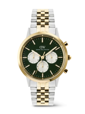Daniel Wellington DW Watch Iconic Chronograph Arch 5-Link Emerald Panda Two Tone 42mm Gold
