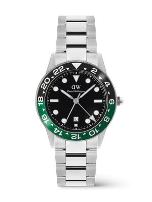 Daniel Wellington DW Watch Iconic GMT Link Black Green Ceramic Bezel Silver