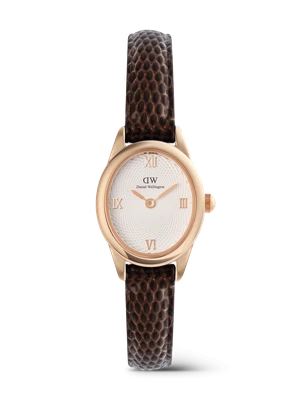 Daniel Wellington DW Watch Ophelia Mini Dark Brown Lizard White Guilloché Rose Gold