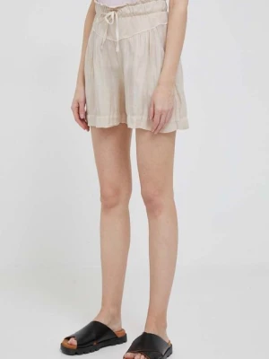 Deha szorty lniane kolor beżowy gładkie high waist